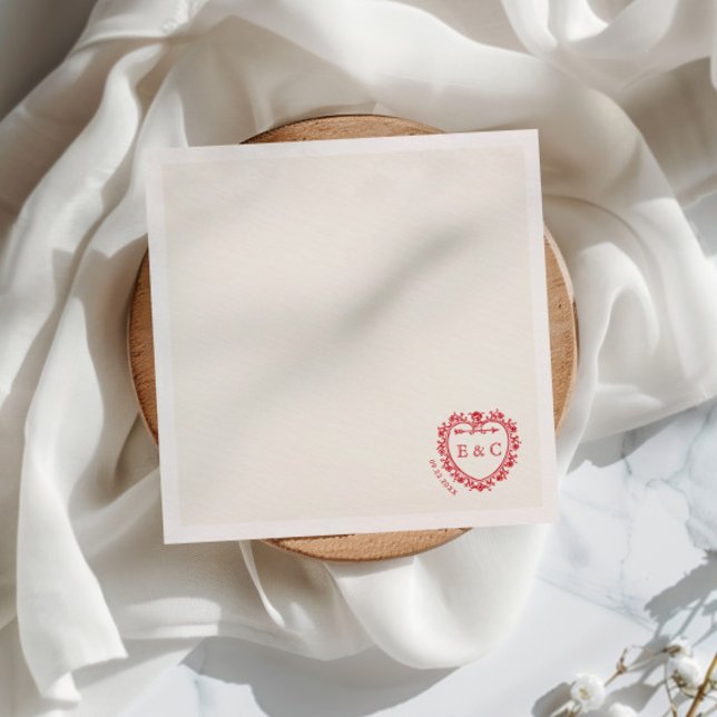 Romantic Red Vintage Monogram Crest Wedding Napkin (Creator Uploaded)