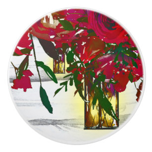 Romantic Red Watercolor Roses & Lantern Rustic Ceramic Knob