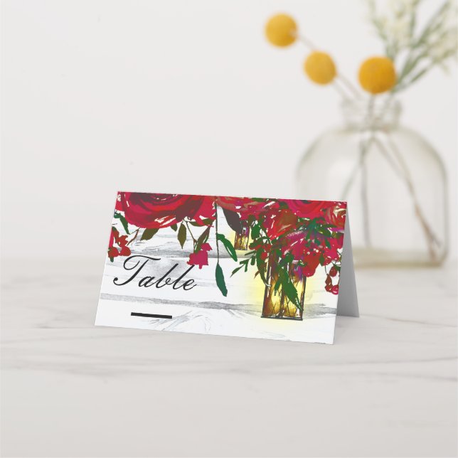 Romantic Red Watercolor Roses & Lantern Table Place Card (Front)