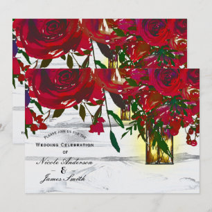 Romantic Red Watercolor Roses & Lantern Wedding Invitation