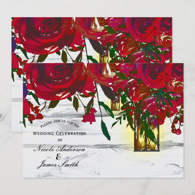 Romantic Red Watercolor Roses & Lantern Wedding Invitation (Front/Back)