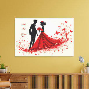 Romantic Red Wedding Silhouette of Bride and Groom Canvas Print