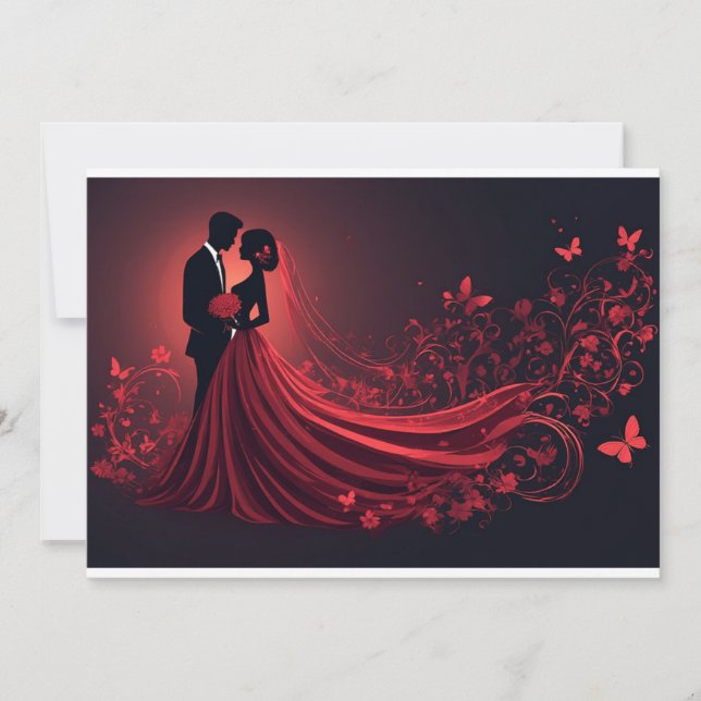 Romantic Red Wedding Silhouette of Bride and Groom Invitation (Front)
