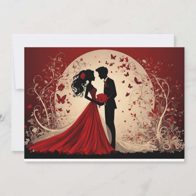 Romantic Red Wedding Silhouette of Bride and Groom Invitation (Front)