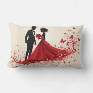 Romantic Red Wedding Silhouette of Bride and Groom Lumbar Cushion