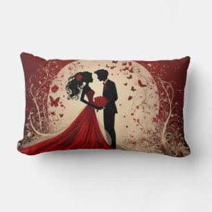 Romantic Red Wedding Silhouette of Bride and Groom Lumbar Cushion