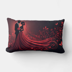 Romantic Red Wedding Silhouette of Bride and Groom Lumbar Cushion