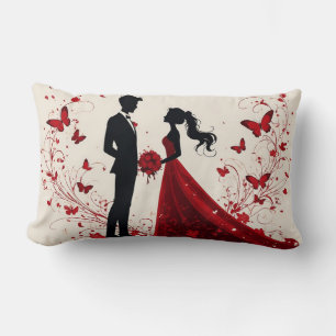 Romantic Red Wedding Silhouette of Bride and Groom Lumbar Cushion
