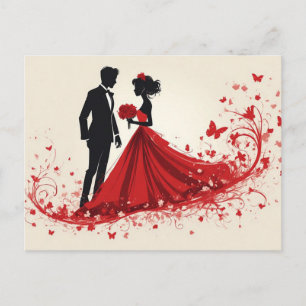 Romantic Red Wedding Silhouette of Bride and Groom Postcard