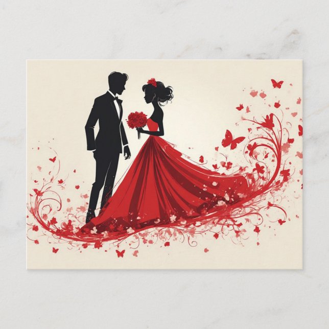 Romantic Red Wedding Silhouette of Bride and Groom Postcard (Front)