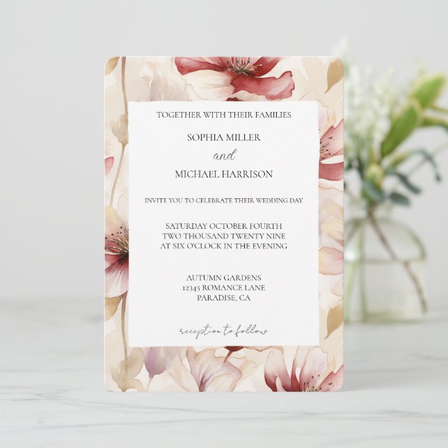 Romantic Red White Cream Floral Wedding Invitation (Standing Front)