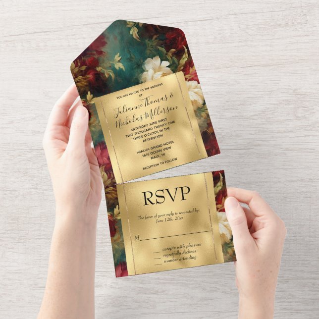 Romantic Red White Green Flowers All In One Invitation (Tearaway)