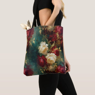 Romantic Red White Green Flowers Tote Bag