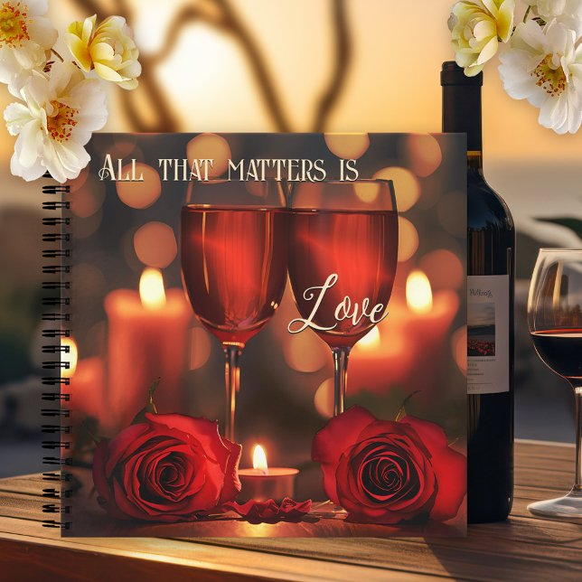 Romantic Red Wine Roses Love Notebook (A romantic notebook featuring a painting of two glasses of red with roses and candle light)