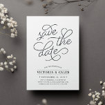 Romantic Request | Typography Save the Date Card<br><div class="desc">Simple and elegant, our Romantic Request wedding save the date card features "save the date" in deep charcoal off-black script typography with a chic heart worked into the design. Add your wedding details, including names, wedding date, location and website beneath. Cards reverse to modern horizontal stripes in matching brushed black...</div>