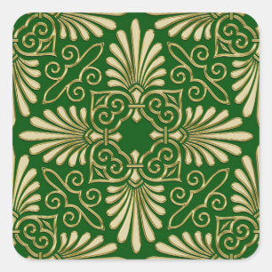 Romantic Retro Art Deco Damask Green Gold 01 Square Sticker