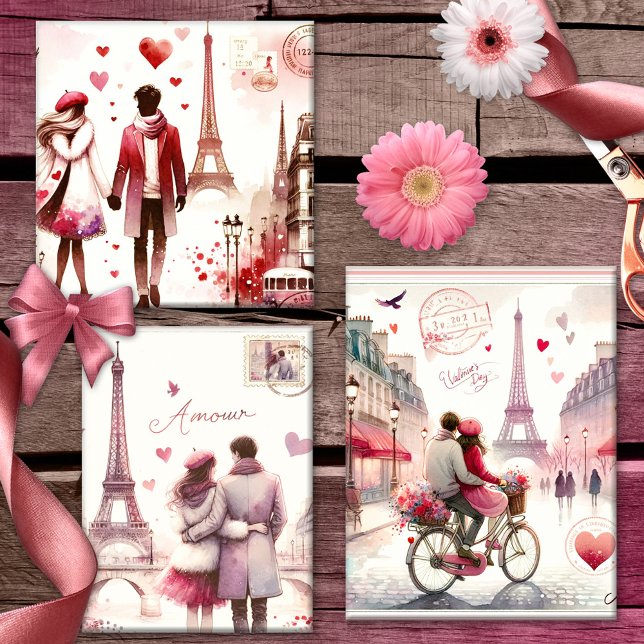 Romantic Retro Paris Love Pink Wrapping Paper Sheet (Wrapping paper featuring elegant retro watercolor designs with a romantic couple in Paris)