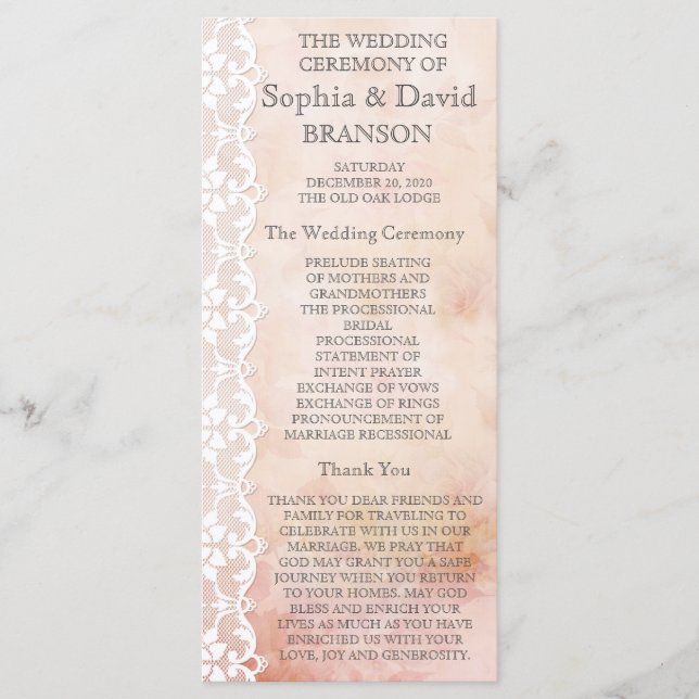 Romantic Rose and Lace Wedding Program Custom Programme (Front)