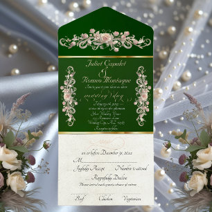 Romantic Rose Arc Borders & Calligraphy - Emerald All In One Invitation
