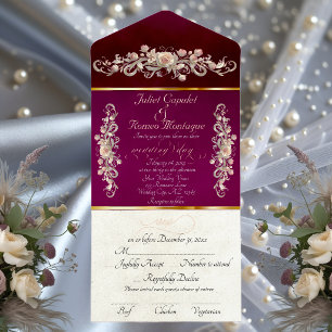Romantic Rose Arc Borders & Calligraphy - Plum All In One Invitation