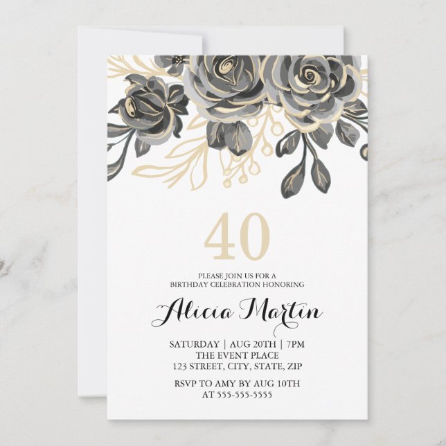 Romantic Rose Black & Gold Birthday Invitation (Front)