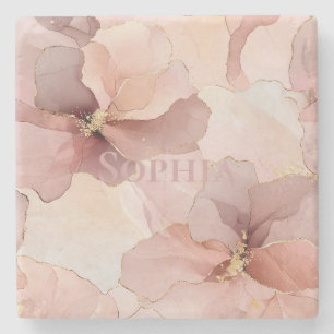 Romantic Rose Blush Pink Gold Floral Stone Coaster