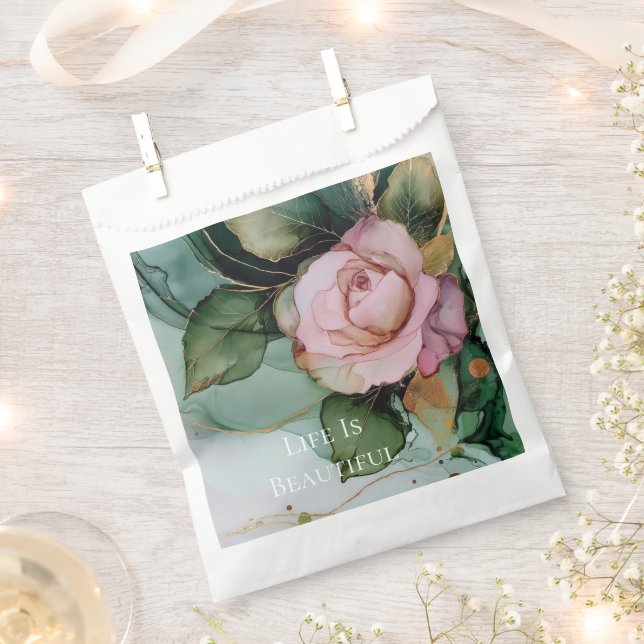Romantic Rose Blush Pink Gold Floral Wedding  Favour Bags (Clipped)