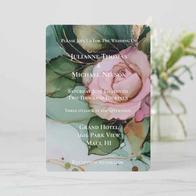 Romantic Rose Blush Pink Gold Floral Wedding  Invitation (Standing Front)
