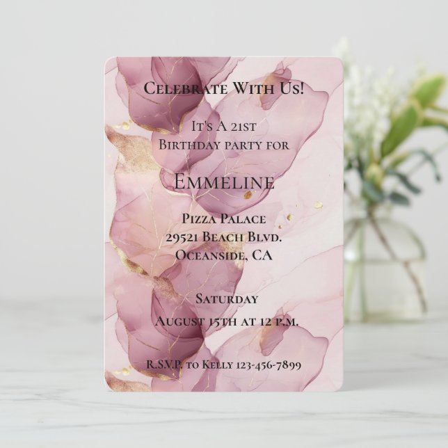 Romantic Rose Blush Pink Gold Leaf Birthday Invitation (Standing Front)