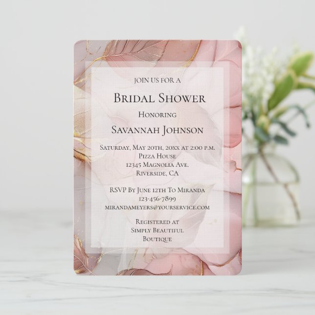 Romantic Rose Blush Pink Gold Leaf Bridal Shower Invitation (Standing Front)