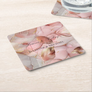 Romantic Rose Blush Pink Gold Leaf Bridal Shower Square Paper Coaster