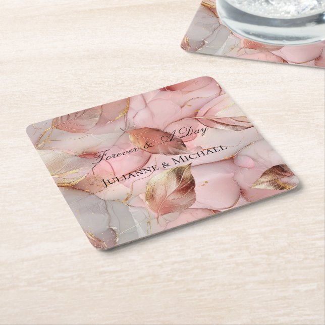 Romantic Rose Blush Pink Gold Leaf Bridal Shower Square Paper Coaster (Angled)