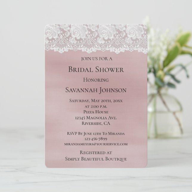 Romantic Rose Blush Pink White Lace Bridal Shower Invitation (Standing Front)