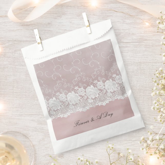 Romantic Rose Blush Pink White Lace Floral Wedding Favour Bags (Clipped)