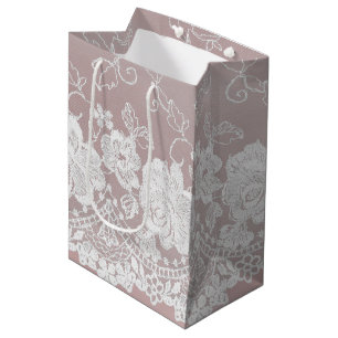Romantic Rose Blush Pink White Lace Floral Wedding Medium Gift Bag
