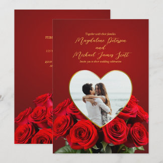 Romantic Rose Bouquet Heart Frame Photo Wedding Invitation