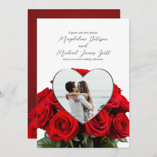 Romantic Rose Bouquet Heart Frame Photo Wedding Invitation