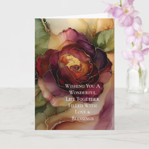 Romantic Rose Burgundy Red Gold Floral Wedding Card