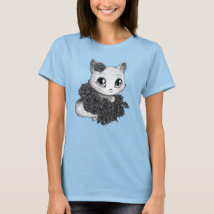 Romantic Rose Cat Art Grey Flowy Top for Her