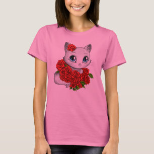 Romantic Rose Cat Pink Tie Dye T-shirt by Mei Yu