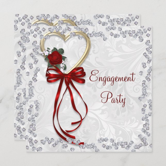 Romantic Rose, Diamonds & Red Ribbon Engagement Invitation (Front/Back)