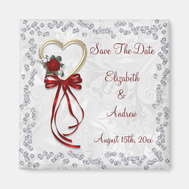 Romantic Rose, Diamonds & Red Ribbon Save The Date Magnet (Front)