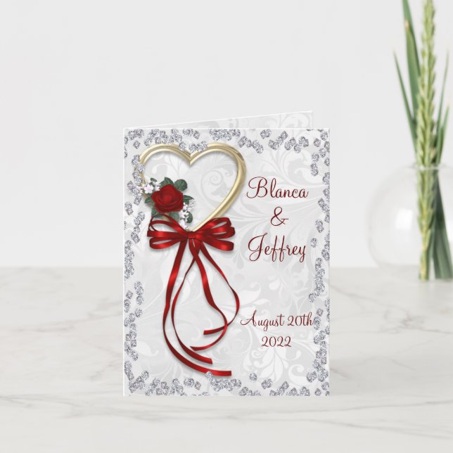 Romantic Rose, Diamonds & Red Ribbon Wedding Invit Invitation (Front)