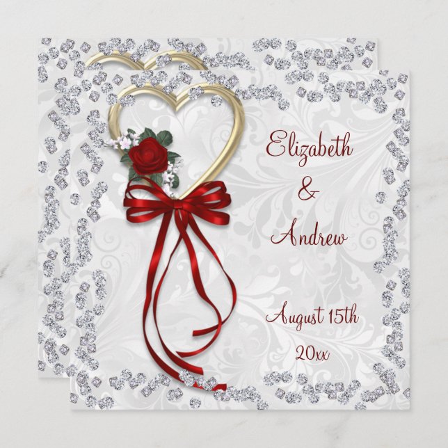 Romantic Rose, Diamonds & Red Ribbon Wedding Invitation (Front/Back)