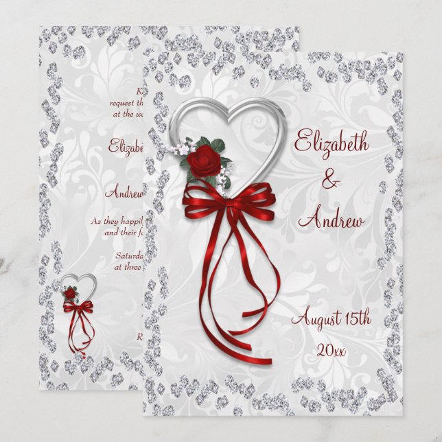 Romantic Rose, Diamonds & Red Ribbon Wedding Invitation (Front/Back)
