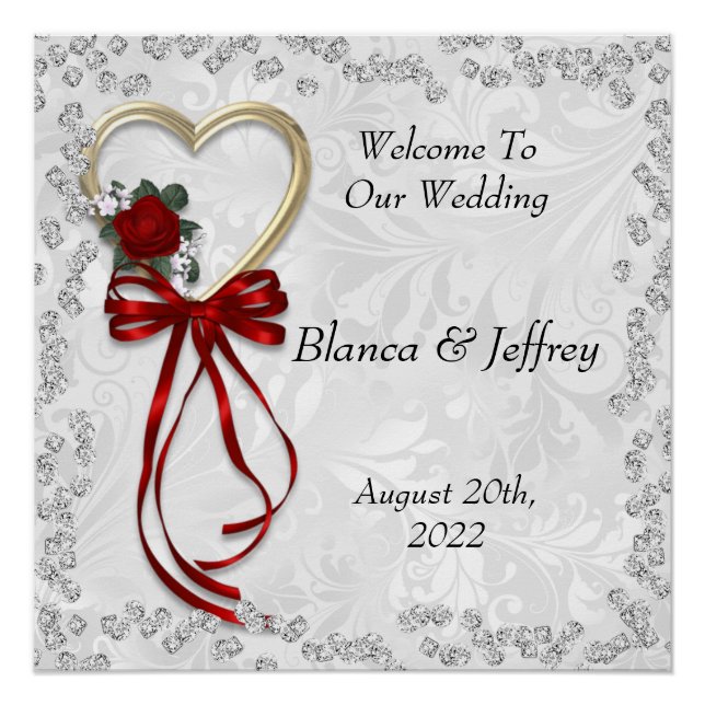 Romantic Rose, Diamonds & Red Ribbon Wedding Poster (Front)