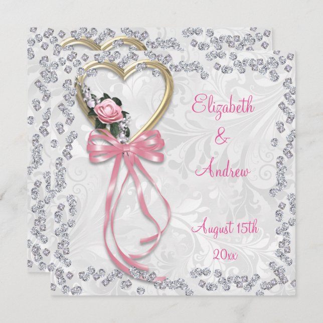 Romantic Rose, Diamonds & Ribbon Wedding Invitation (Front/Back)