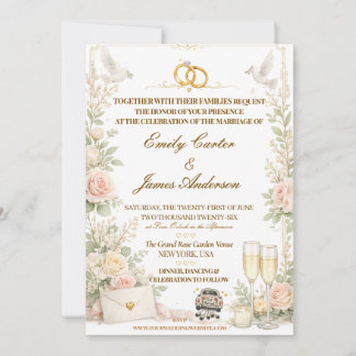 Romantic Rose & Dove Wedding Invite