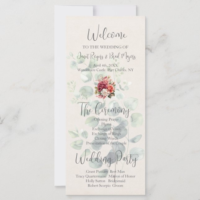 Romantic Rose Floral Eucalyptus Wedding Program (Front)