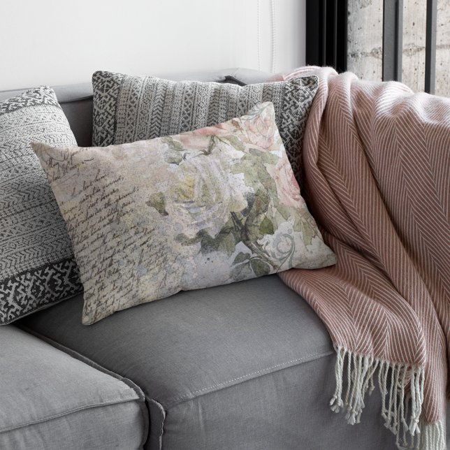 Romantic Rose Florals Old Handwritten Home Decor Lumbar Cushion (Creator Uploaded)